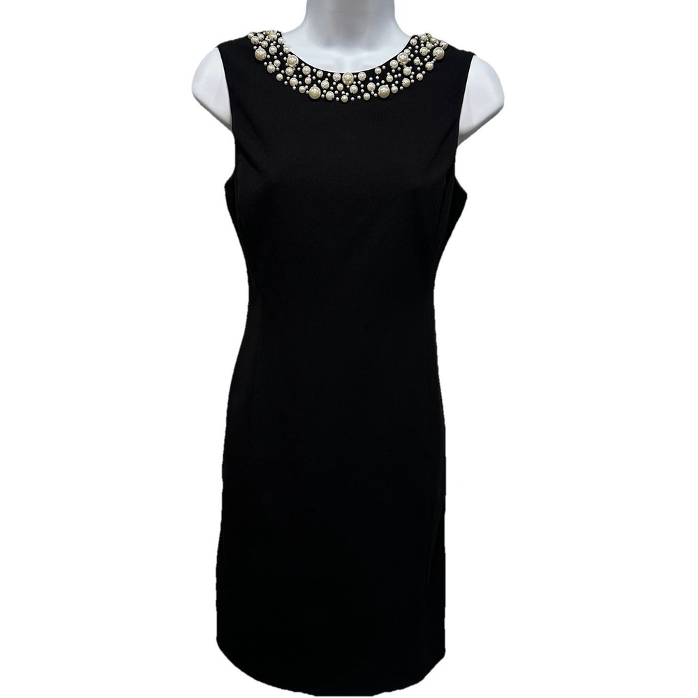 Calvin Klein Dress Womens 4P Black Pearl Embellished Neckline Sleeveless Evening